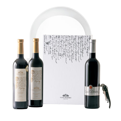 Estuche de tres botellas de Casa Madero de cosechas historicas Gran Reserva Shiraz 2011, 2013 y 2016