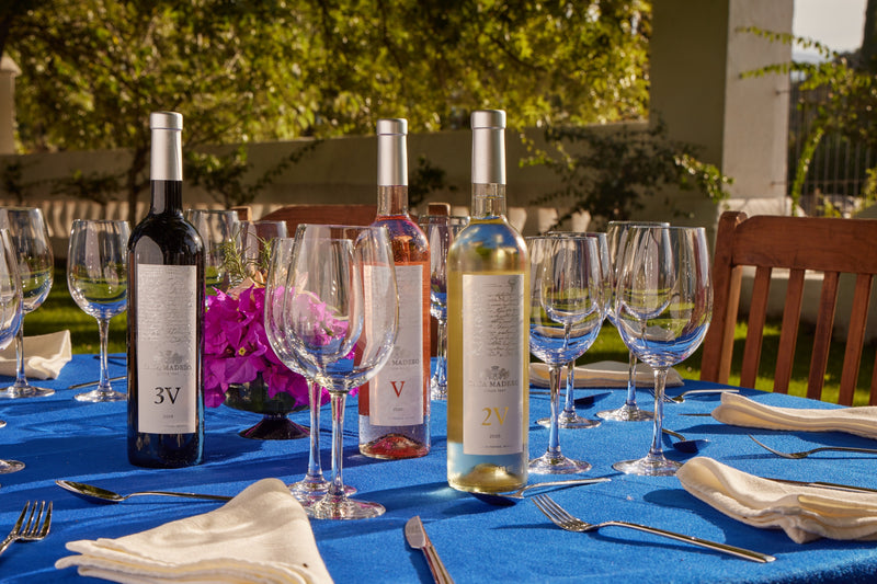 Botellas de la colección Ensambles de Casa Madero sobre una mesa preparada para una experiencia gastronómica al aire libre.