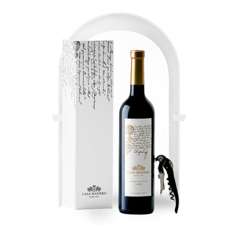 Kit de vino tinto mexicano Casa Madero Gran Reserva Shiraz de 750 ml en estuche con descorchador