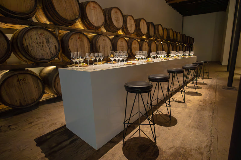 Sala de catas de Casa Madero preparada para una experiencia de degustación de vinos entre barricas de roble.