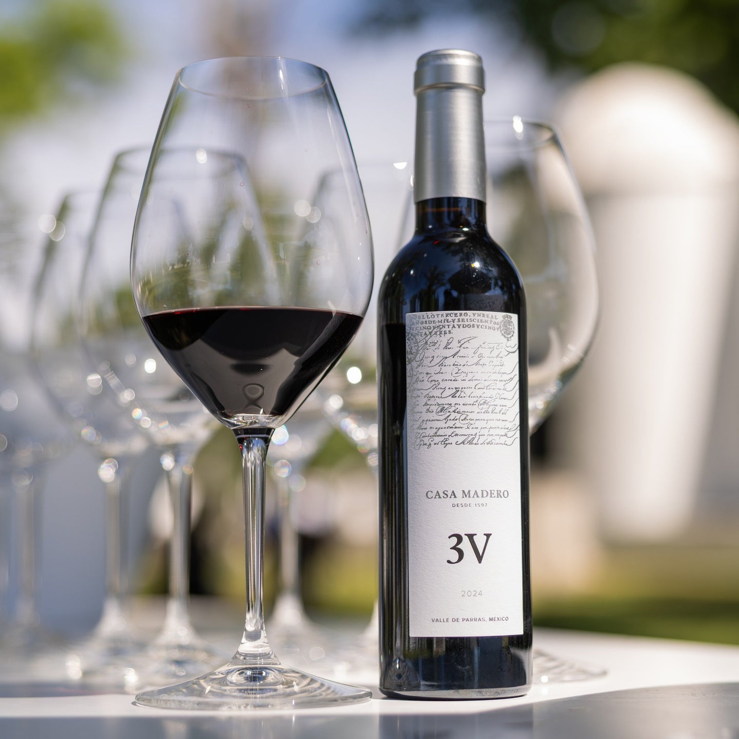 Vino tinto 3V Casa Madero edición 375 mililitros servido en copa.